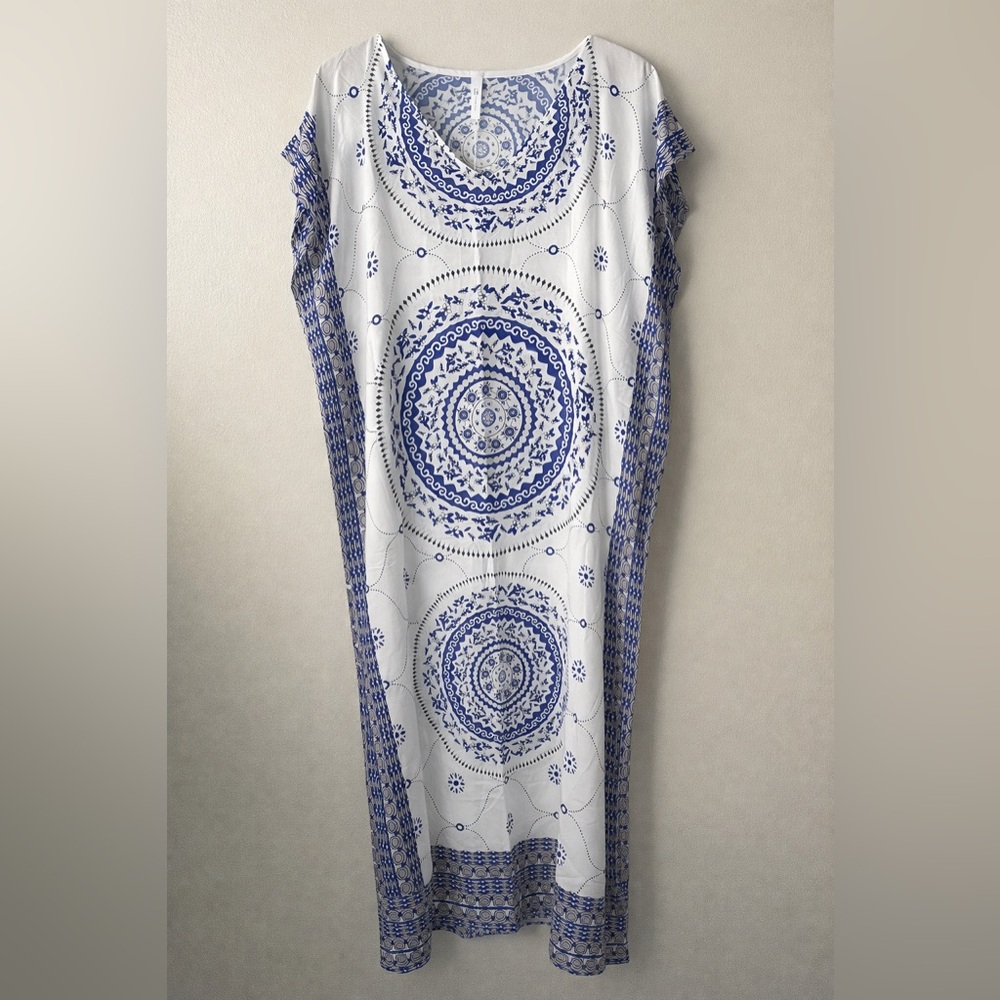 Cupshe white Mediterranean print cover up tunic dress beach